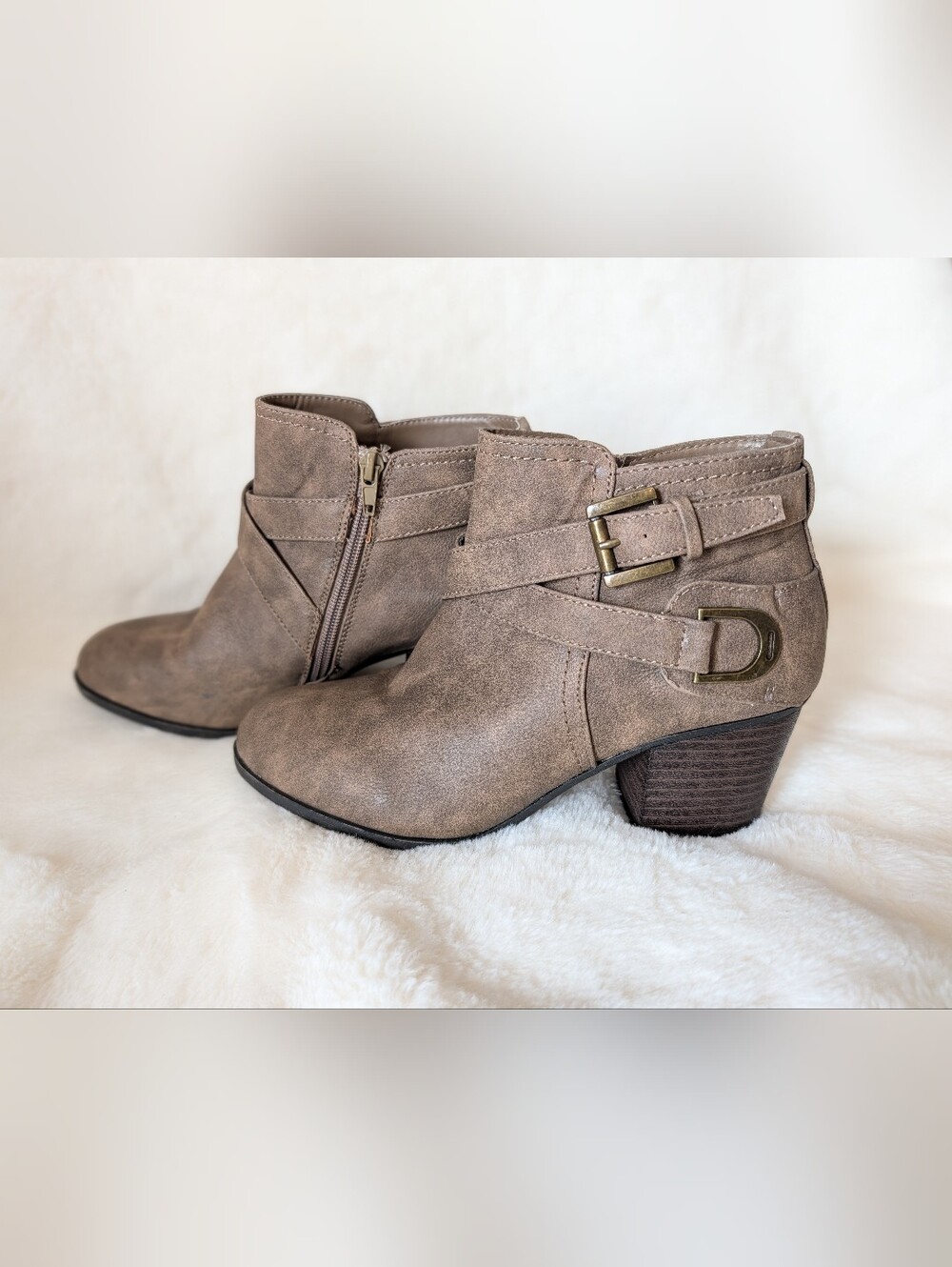 Taupe Faux-Suede Ankle Booties with Buckle Strap Detail